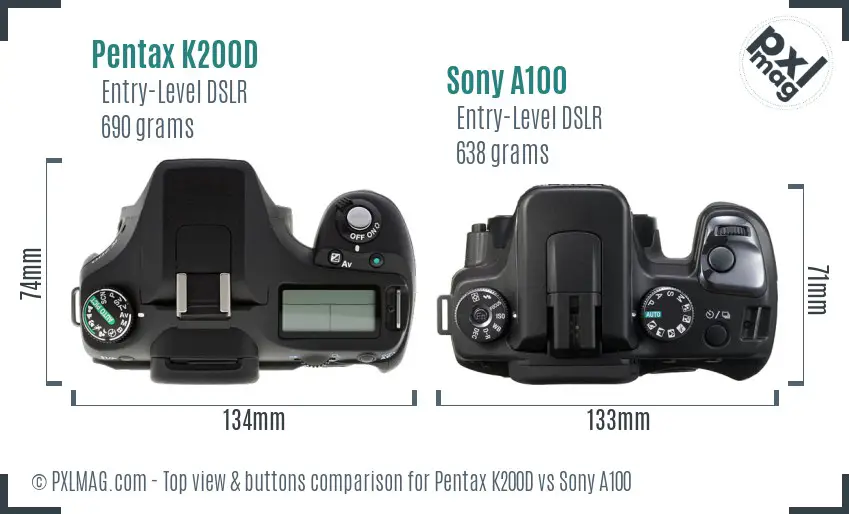 Pentax K200D vs Sony A100 top view buttons comparison