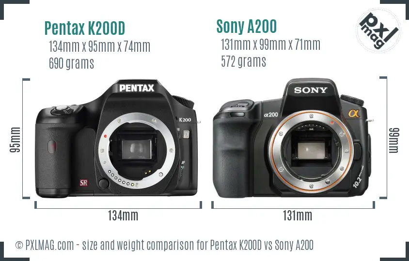 Pentax K200D vs Sony A200 size comparison