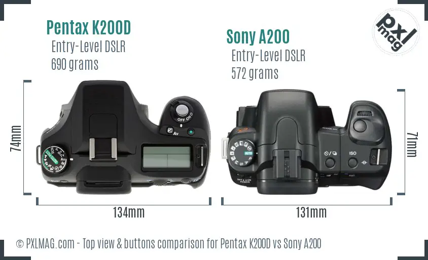 Pentax K200D vs Sony A200 top view buttons comparison