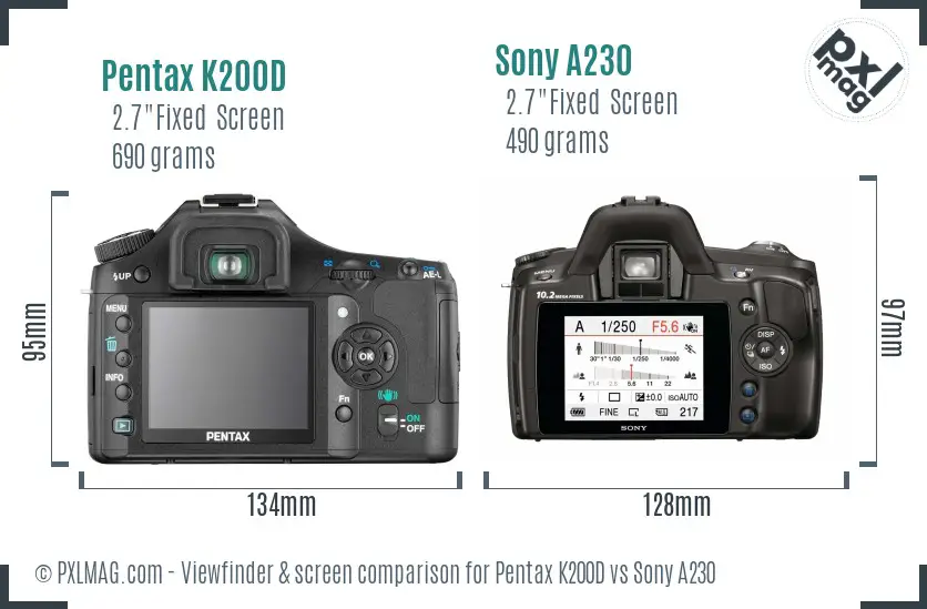 Pentax K200D vs Sony A230 Screen and Viewfinder comparison