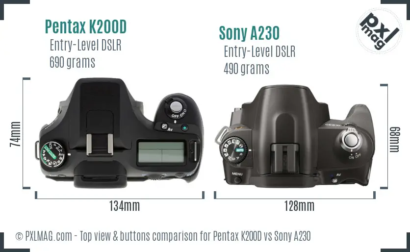 Pentax K200D vs Sony A230 top view buttons comparison