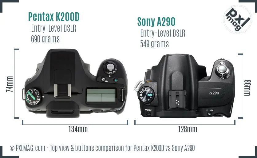 Pentax K200D vs Sony A290 top view buttons comparison