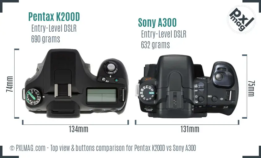 Pentax K200D vs Sony A300 top view buttons comparison