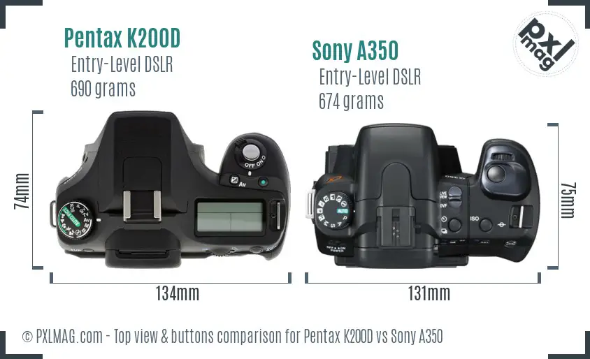 Pentax K200D vs Sony A350 top view buttons comparison