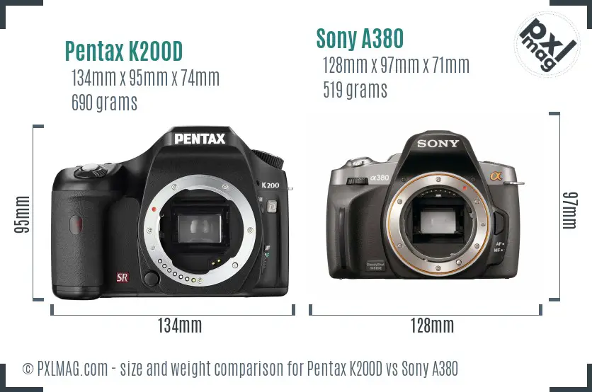Pentax K200D vs Sony A380 size comparison