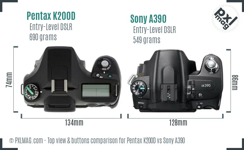 Pentax K200D vs Sony A390 top view buttons comparison
