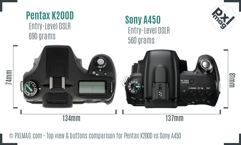 Pentax K200D vs Sony A450 top view buttons comparison