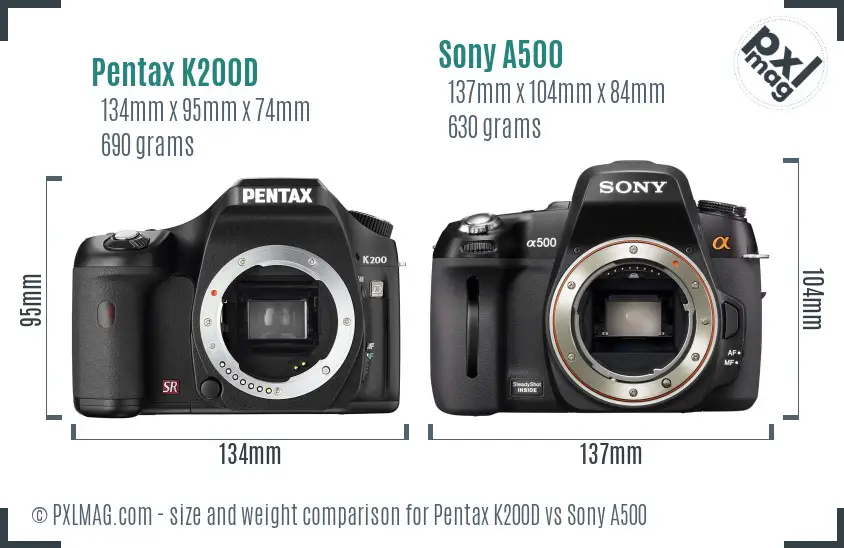 Pentax K200D vs Sony A500 size comparison