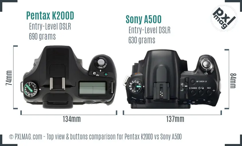 Pentax K200D vs Sony A500 top view buttons comparison