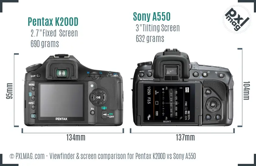 Pentax K200D vs Sony A550 Screen and Viewfinder comparison