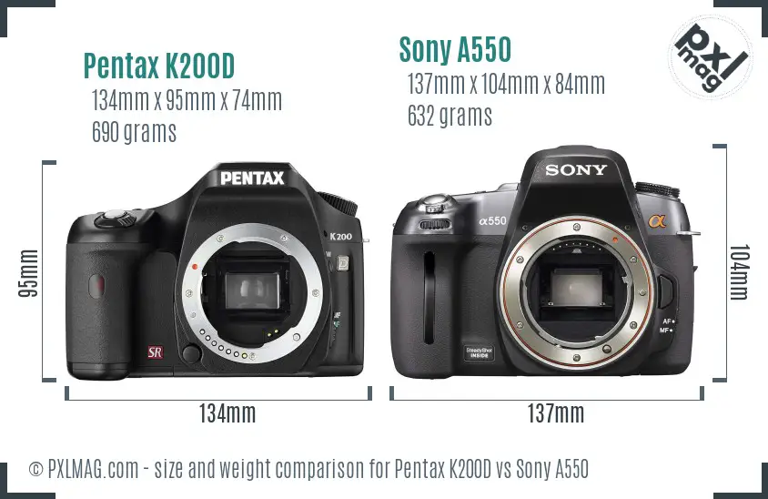 Pentax K200D vs Sony A550 size comparison