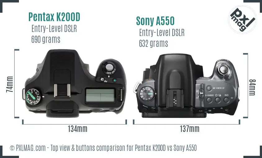 Pentax K200D vs Sony A550 top view buttons comparison