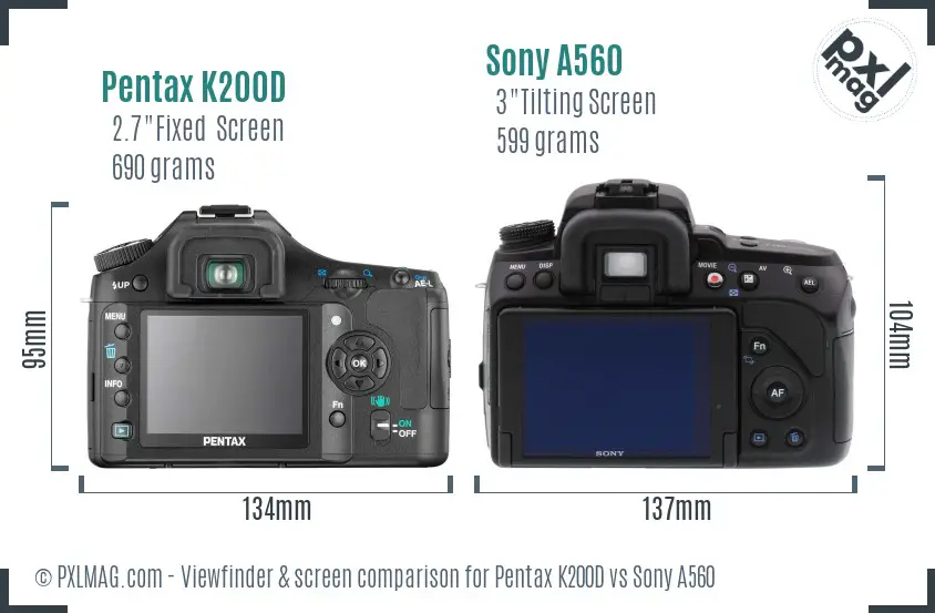 Pentax K200D vs Sony A560 Screen and Viewfinder comparison