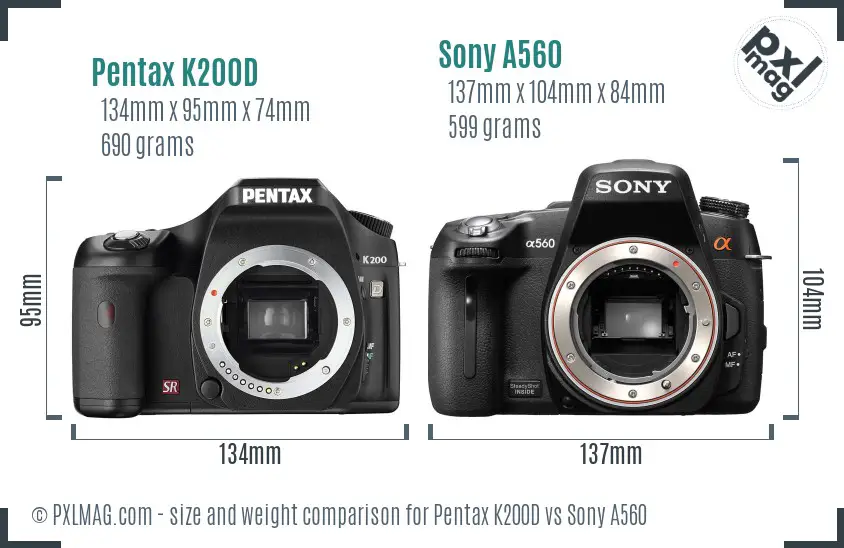 Pentax K200D vs Sony A560 size comparison