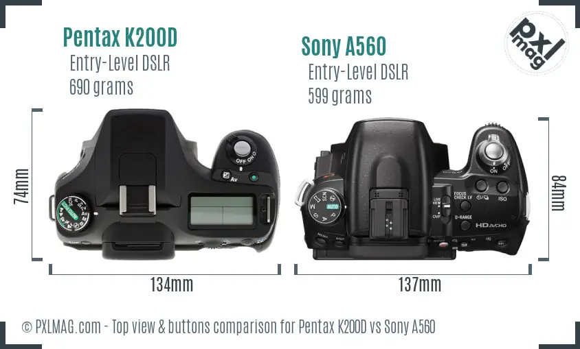 Pentax K200D vs Sony A560 top view buttons comparison