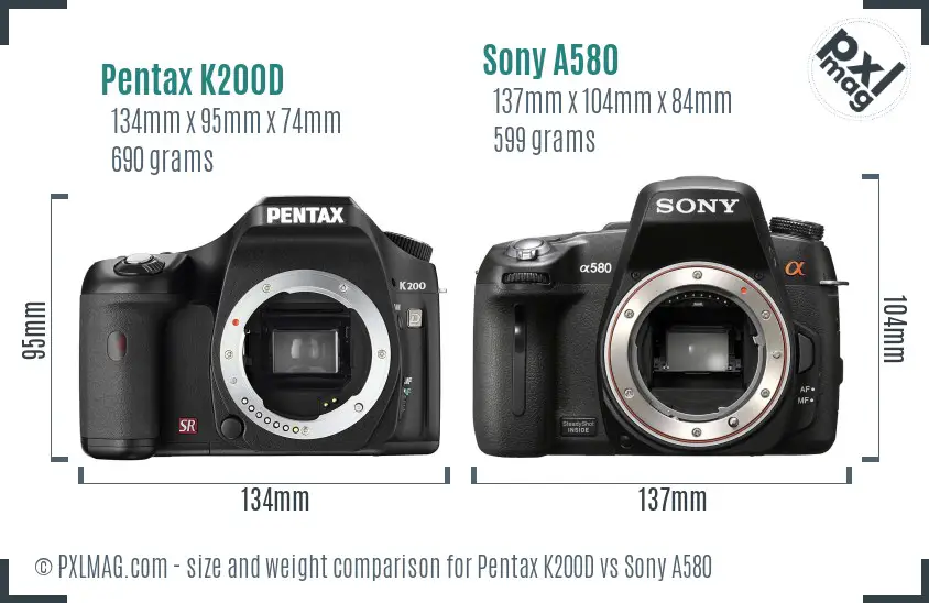 Pentax K200D vs Sony A580 size comparison