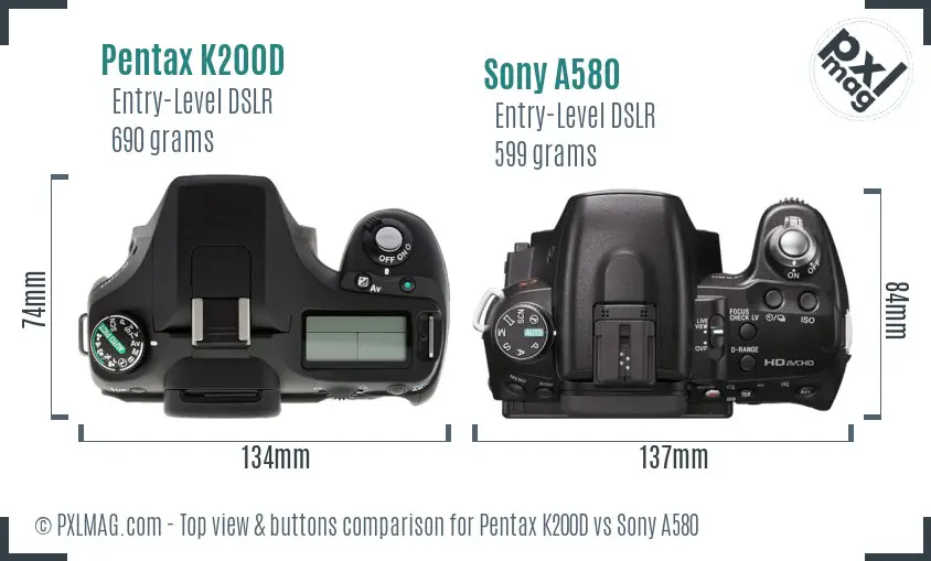 Pentax K200D vs Sony A580 top view buttons comparison