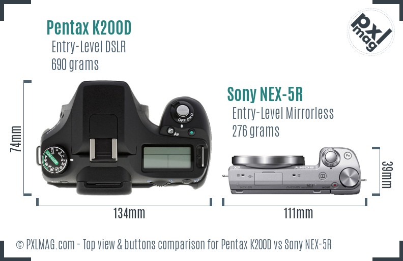 Pentax K200D vs Sony NEX-5R top view buttons comparison