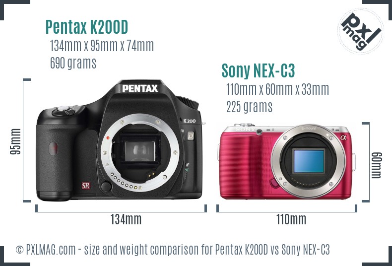 Pentax K200D vs Sony NEX-C3 size comparison