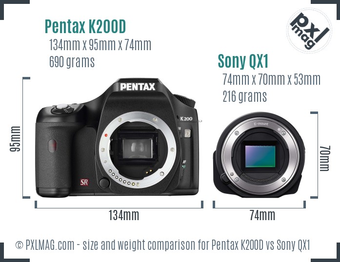 Pentax K200D vs Sony QX1 size comparison