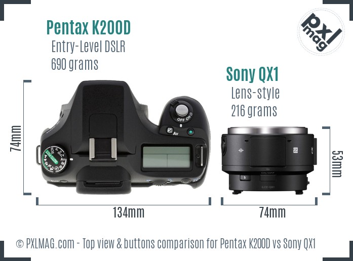 Pentax K200D vs Sony QX1 top view buttons comparison