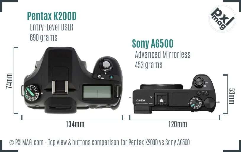 Pentax K200D vs Sony A6500 top view buttons comparison