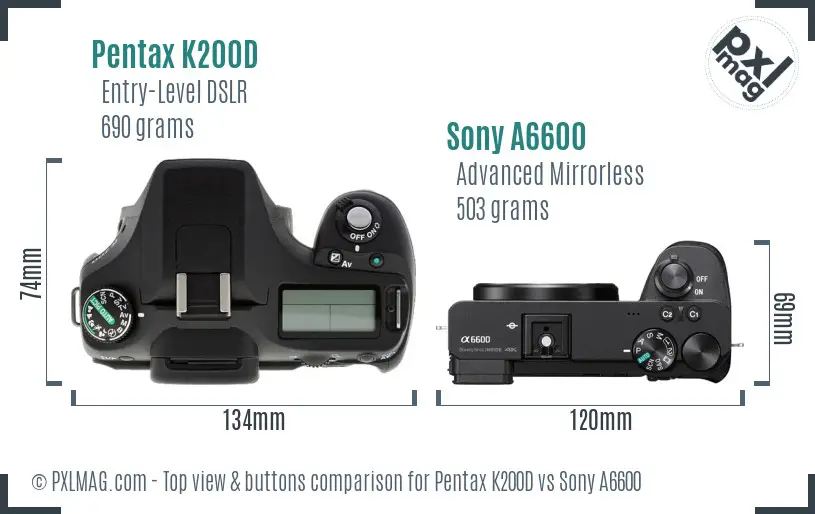Pentax K200D vs Sony A6600 top view buttons comparison