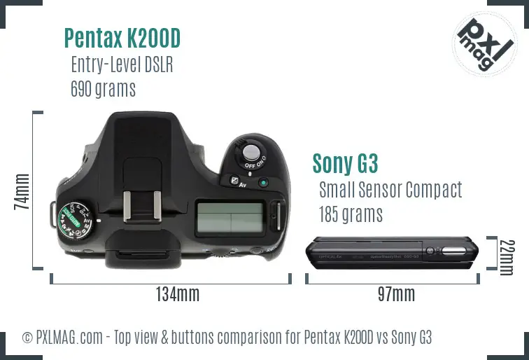 Pentax K200D vs Sony G3 top view buttons comparison