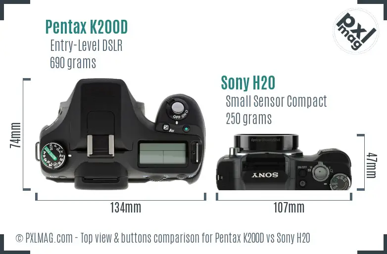 Pentax K200D vs Sony H20 top view buttons comparison Pentax K200D vs Sony H20 top view buttons comparison
