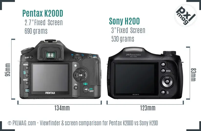 Pentax K200D vs Sony H200 Screen and Viewfinder comparison