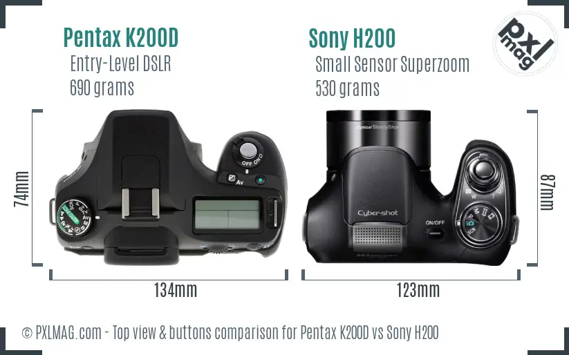 Pentax K200D vs Sony H200 top view buttons comparison