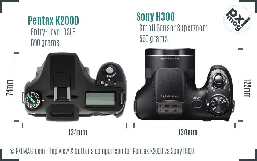 Pentax K200D vs Sony H300 top view buttons comparison Pentax K200D vs Sony H300 top view buttons comparison