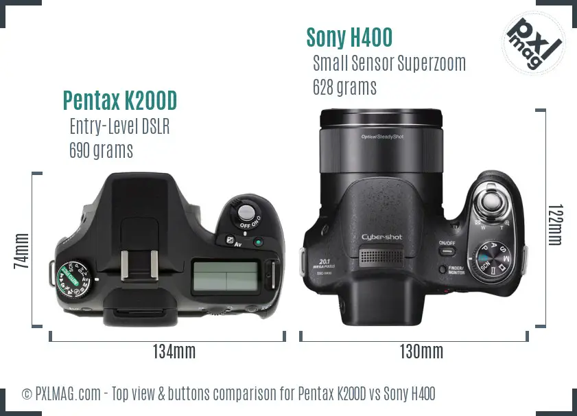 Pentax K200D vs Sony H400 top view buttons comparison