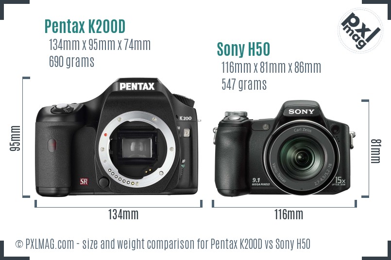 Pentax K200D vs Sony H50 size comparison