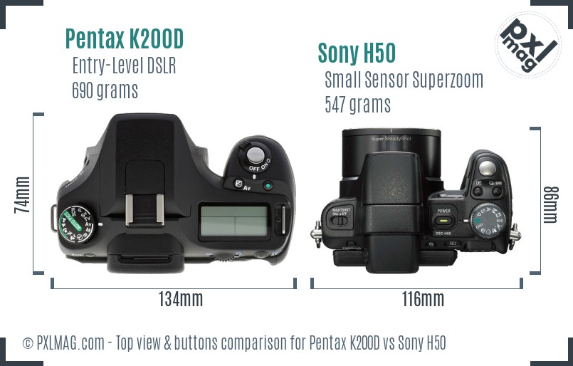 Pentax K200D vs Sony H50 top view buttons comparison