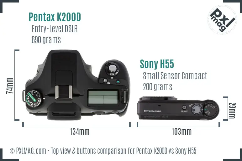 Pentax K200D vs Sony H55 top view buttons comparison