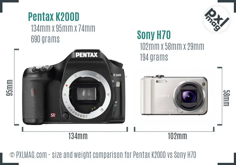 Pentax K200D vs Sony H70 size comparison