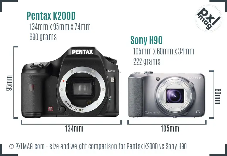 Pentax K200D vs Sony H90 size comparison