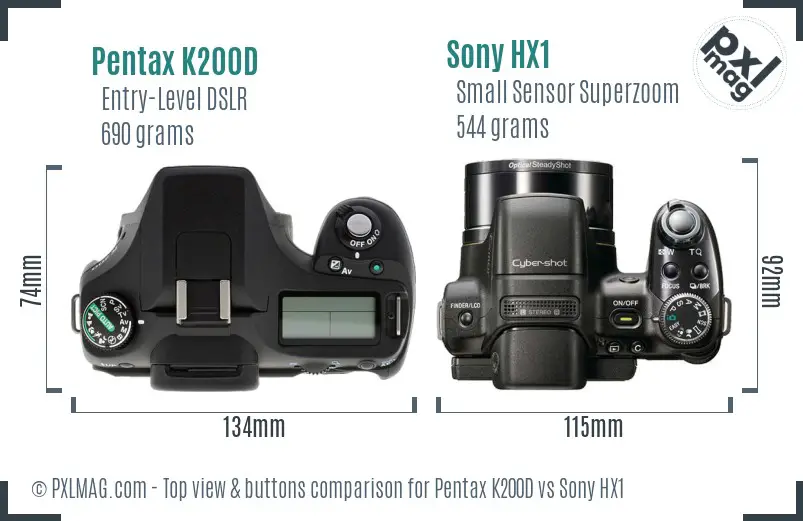 Pentax K200D vs Sony HX1 top view buttons comparison