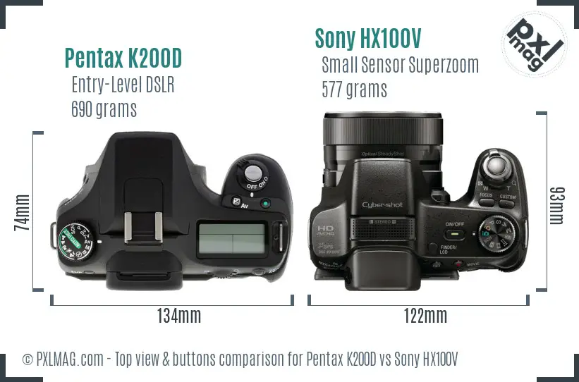 Pentax K200D vs Sony HX100V top view buttons comparison