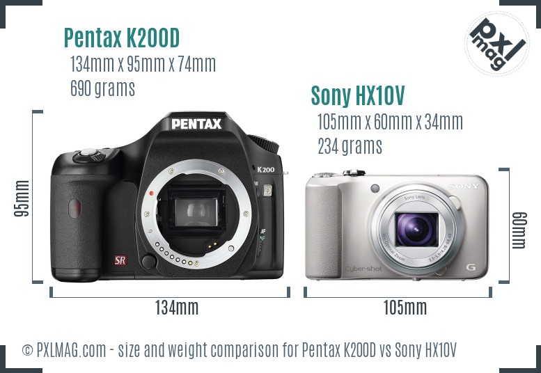 Pentax K200D vs Sony HX10V size comparison