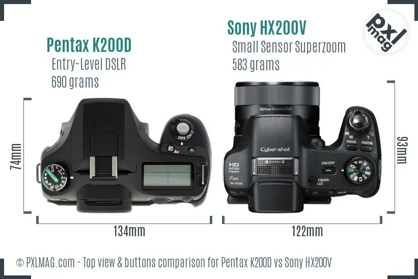 Pentax K200D vs Sony HX200V top view buttons comparison Pentax K200D vs Sony HX200V top view buttons comparison