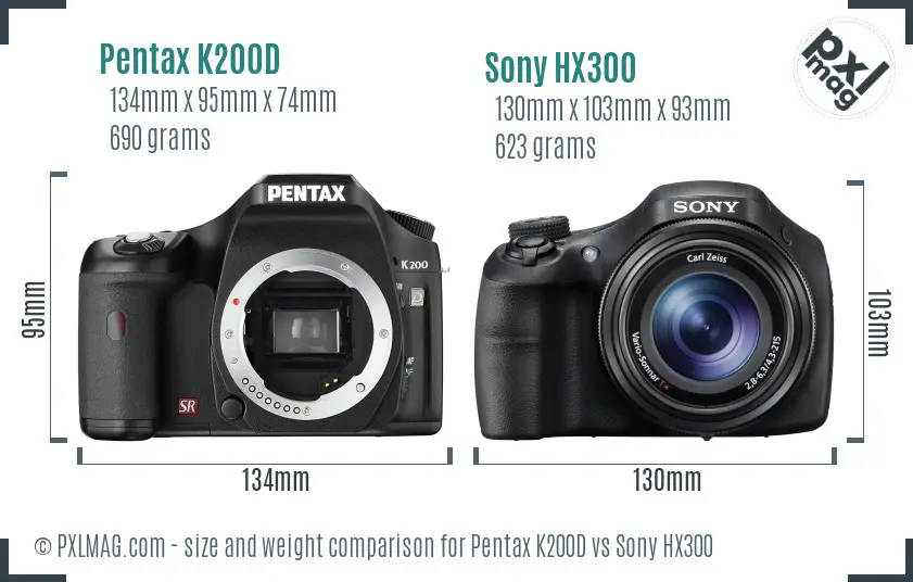 Pentax K200D vs Sony HX300 size comparison