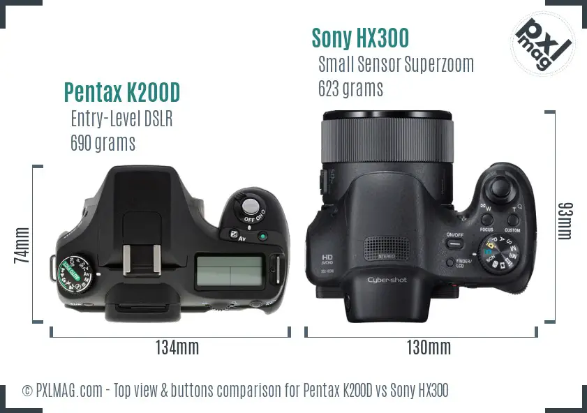 Pentax K200D vs Sony HX300 top view buttons comparison