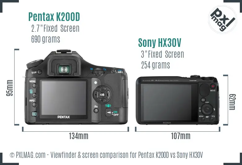 Pentax K200D vs Sony HX30V Screen and Viewfinder comparison
