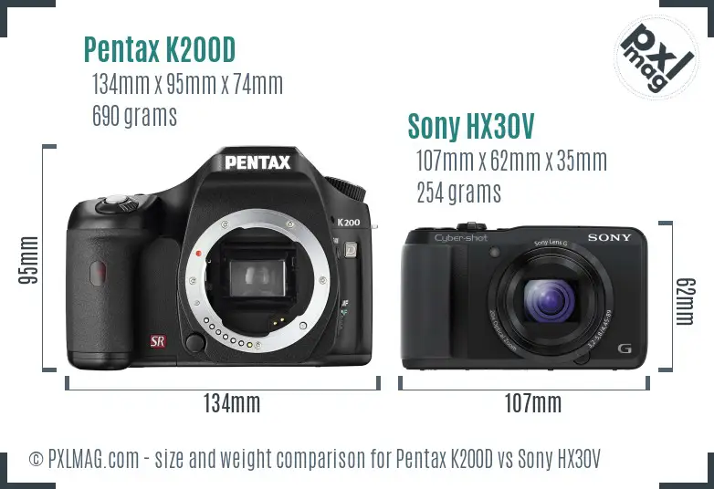 Pentax K200D vs Sony HX30V size comparison