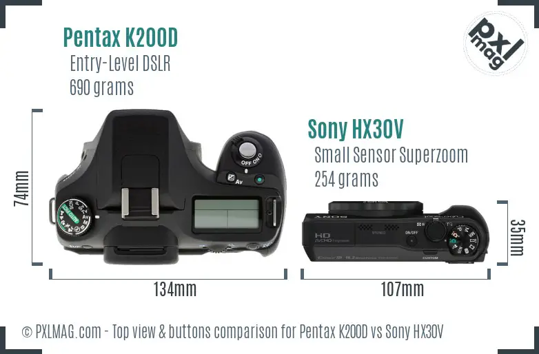 Pentax K200D vs Sony HX30V top view buttons comparison