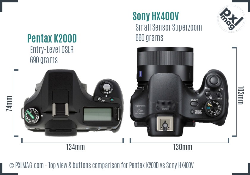 Pentax K200D vs Sony HX400V top view buttons comparison