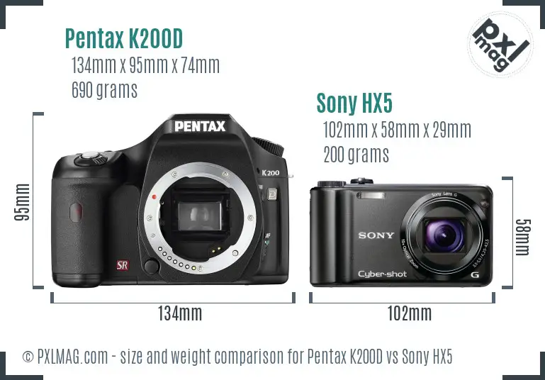 Pentax K200D vs Sony HX5 size comparison