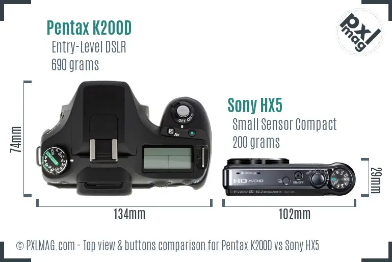 Pentax K200D vs Sony HX5 top view buttons comparison